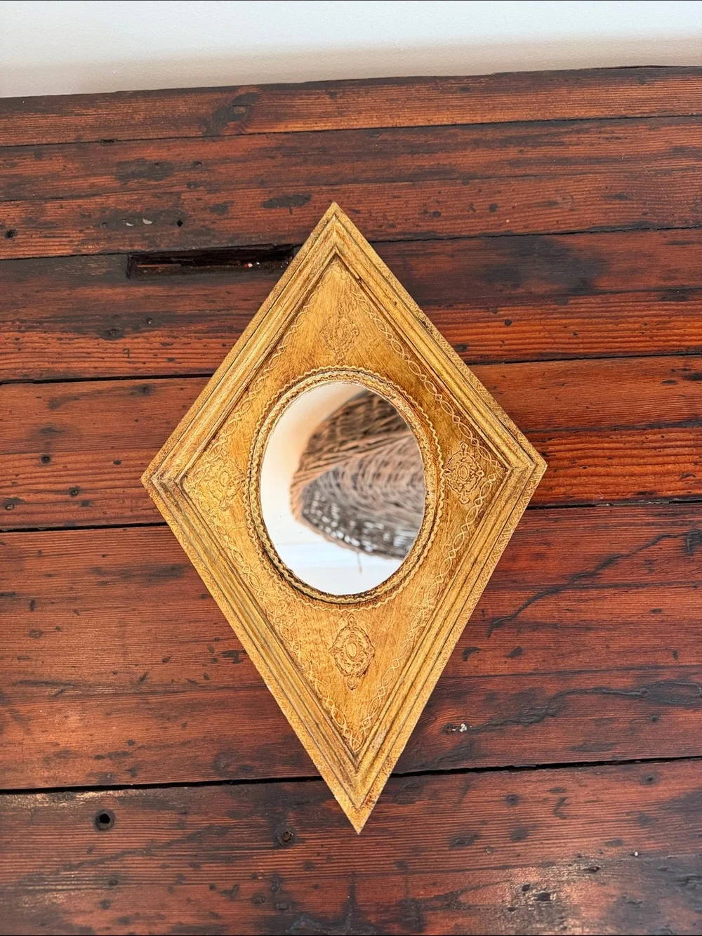 Vintage Italian Florentine Wood Gold Diamond Shape Mirror.